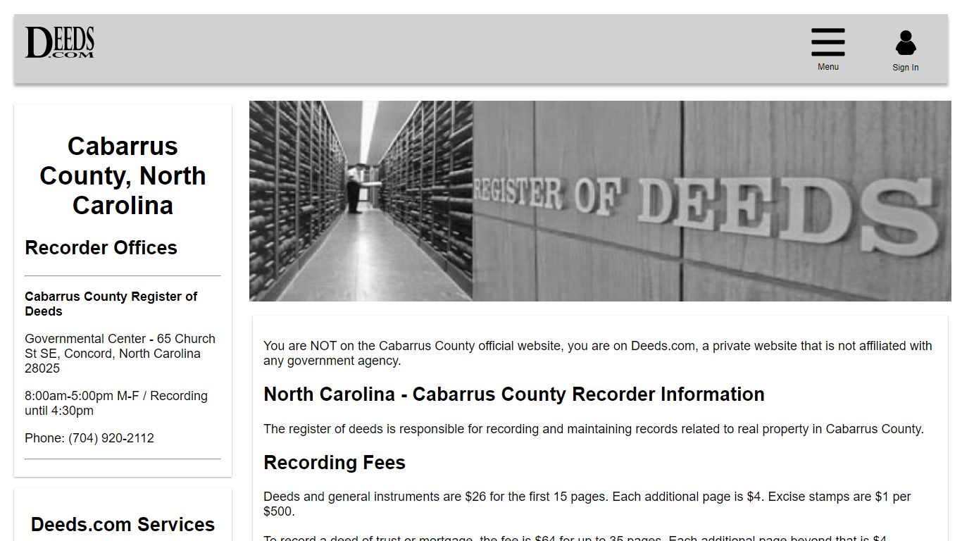 Cabarrus County Recorder Information North Carolina - Deeds